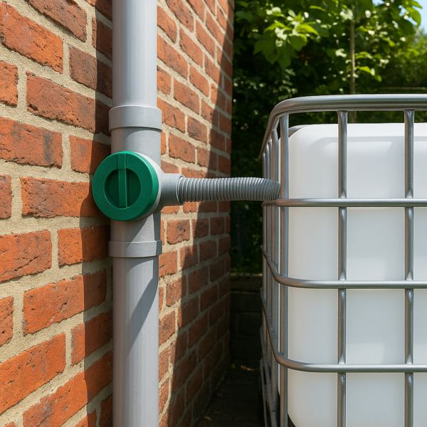 IBC-vat-gebruikt-als-watervat-1000-liter-aangesloten-aan-regenpijp-tegen-muur-1