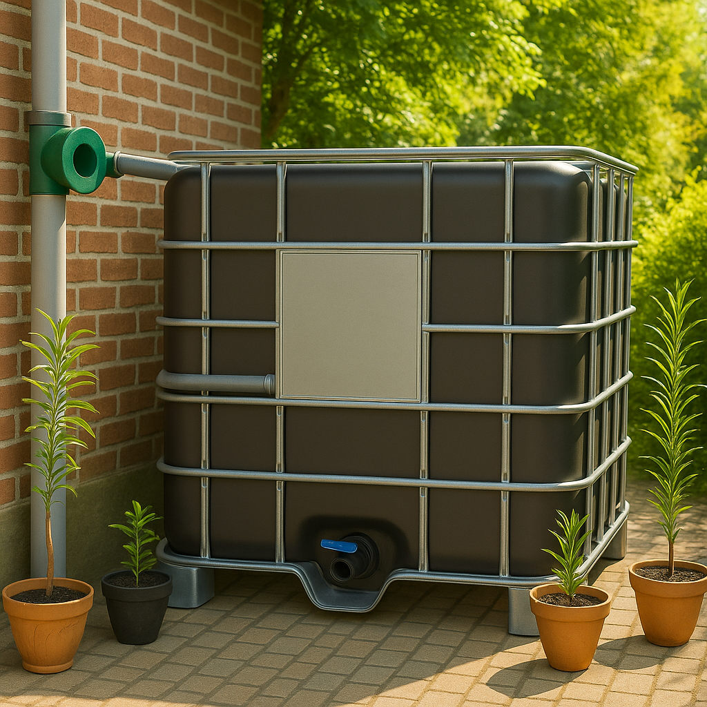 watertank 1000 liter aangesloten aan regenpijp via vulautomaat