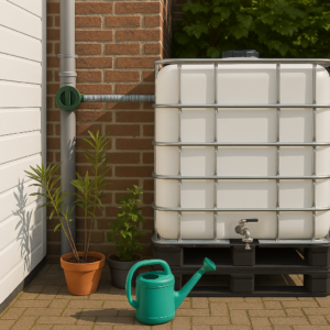 watertank 1000 liter met kraan aangesloten aan regenpijp + gieter