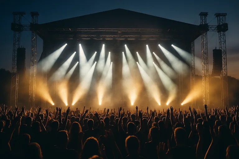 Een sfeervol verlicht concertpodium met een enthousiast publiek, waarbij de noodzakelijke stabiliteit gewaarborgd wordt door ballast, zoals geleverd door IBC containers als ballasttanks.