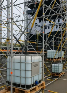IBC container van 1000 liter als ballasttank voor een stabiele podiumconstructie.