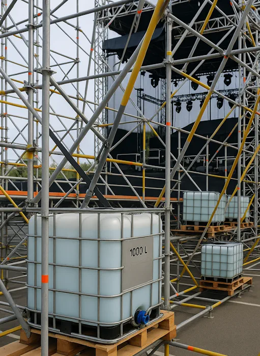 IBC container van 1000 liter als ballasttank voor een stabiele podiumconstructie.