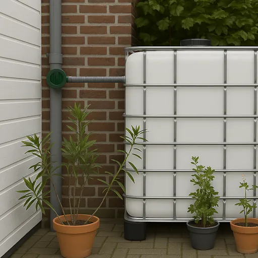 IBC-container regenton aansluiten op regenpijp met bovengrondse regenwaterfilter.