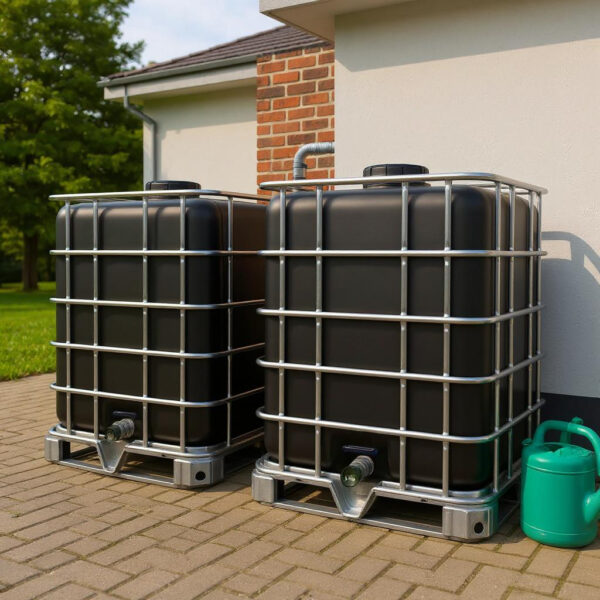 2 gekoppelde IBC containers ZWART op metalen of kunststof pallet
