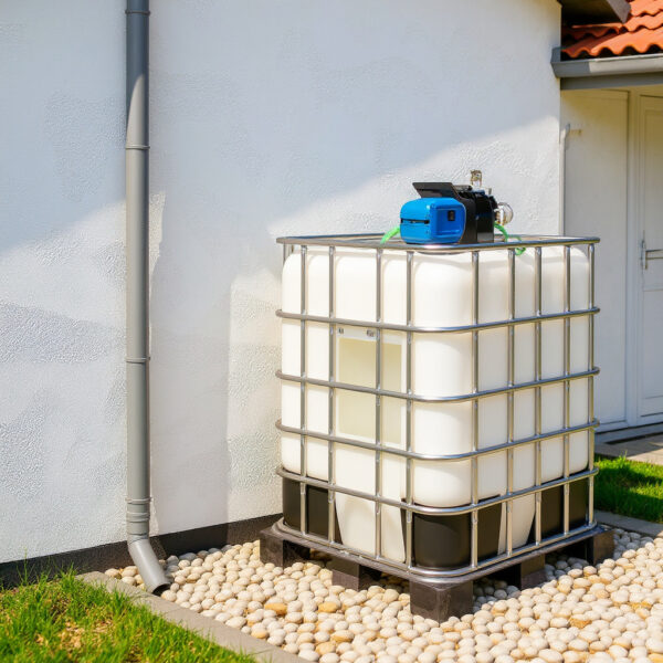 IBC container met waterpomp op metalen of kunststof pallet – praktische regenton 1000 liter