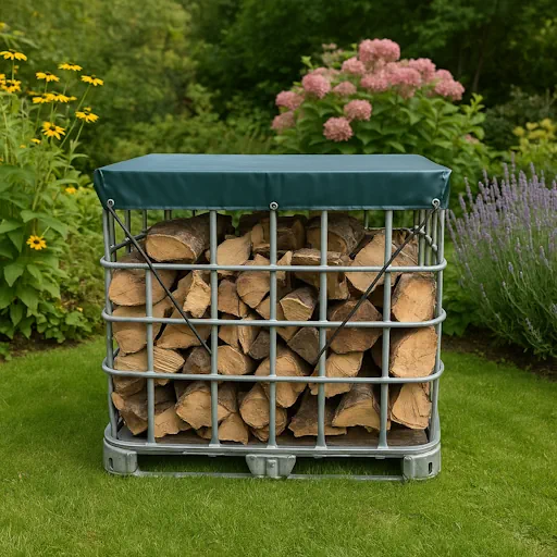 IBC container gebruikt als brandhout opslag met afdekzeil, ideaal om hout droog te bewaren