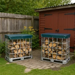 Twee IBC containers gebruikt als houtopslag buiten met brandhout, afgedekt met zeil naast een tuinhuis