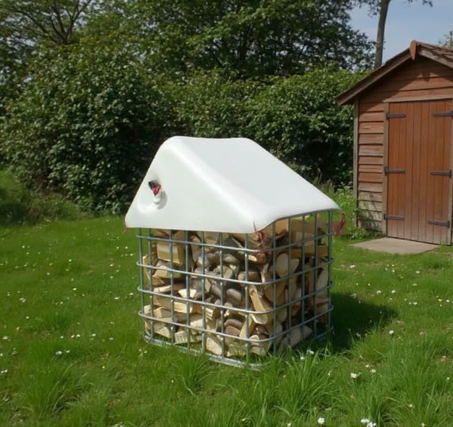 IBC container gebruikt voor houtopslag met kunststof blaas als afdak om brandhout droog te houden in de tuin