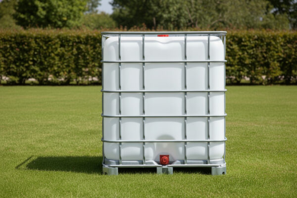 IBC container WIT op metalen of kunststof pallet – vernieuwd - op het gras