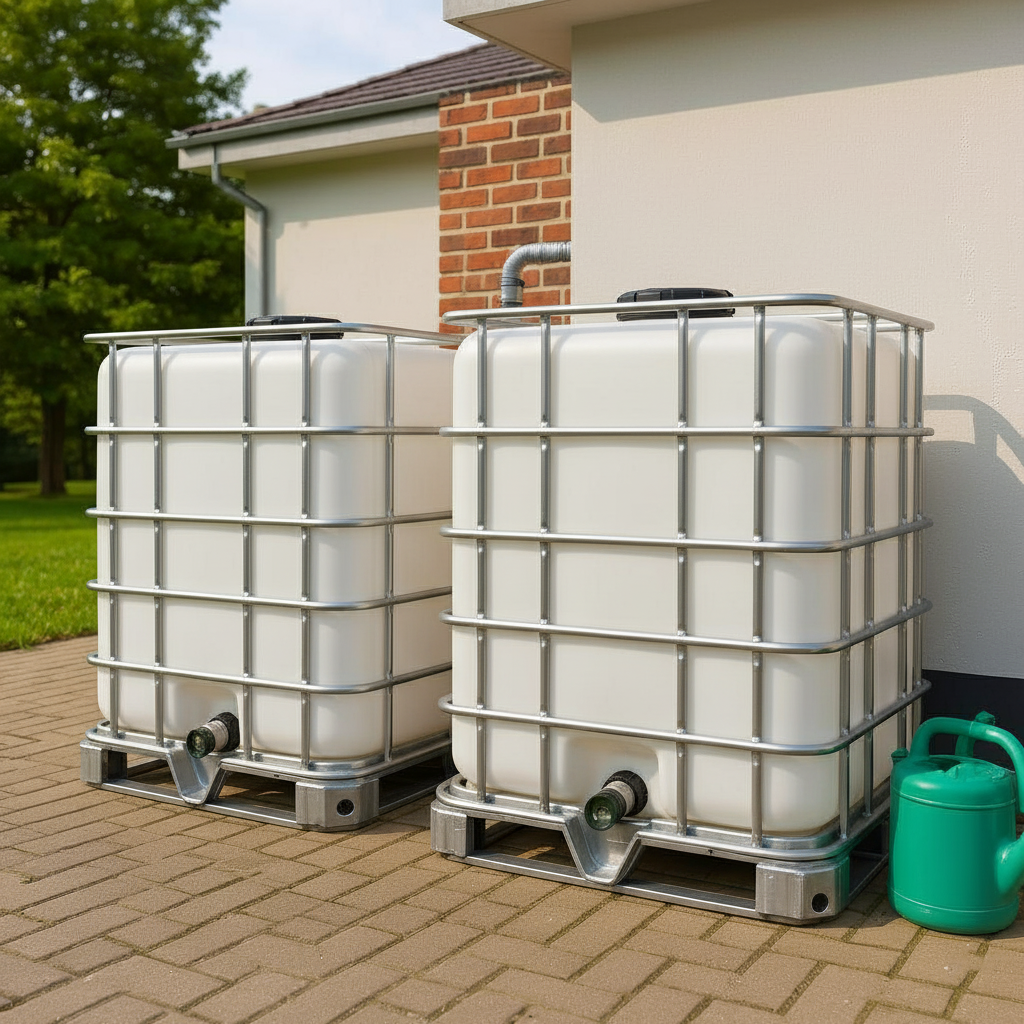 2 gekoppelde IBC containers witte op metalen of kunststof pallet - vernieuwd buiten