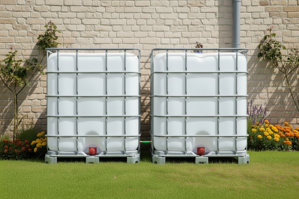 2 gekoppelde IBC containers witte op metalen of kunststof pallet - vernieuwd buiten2