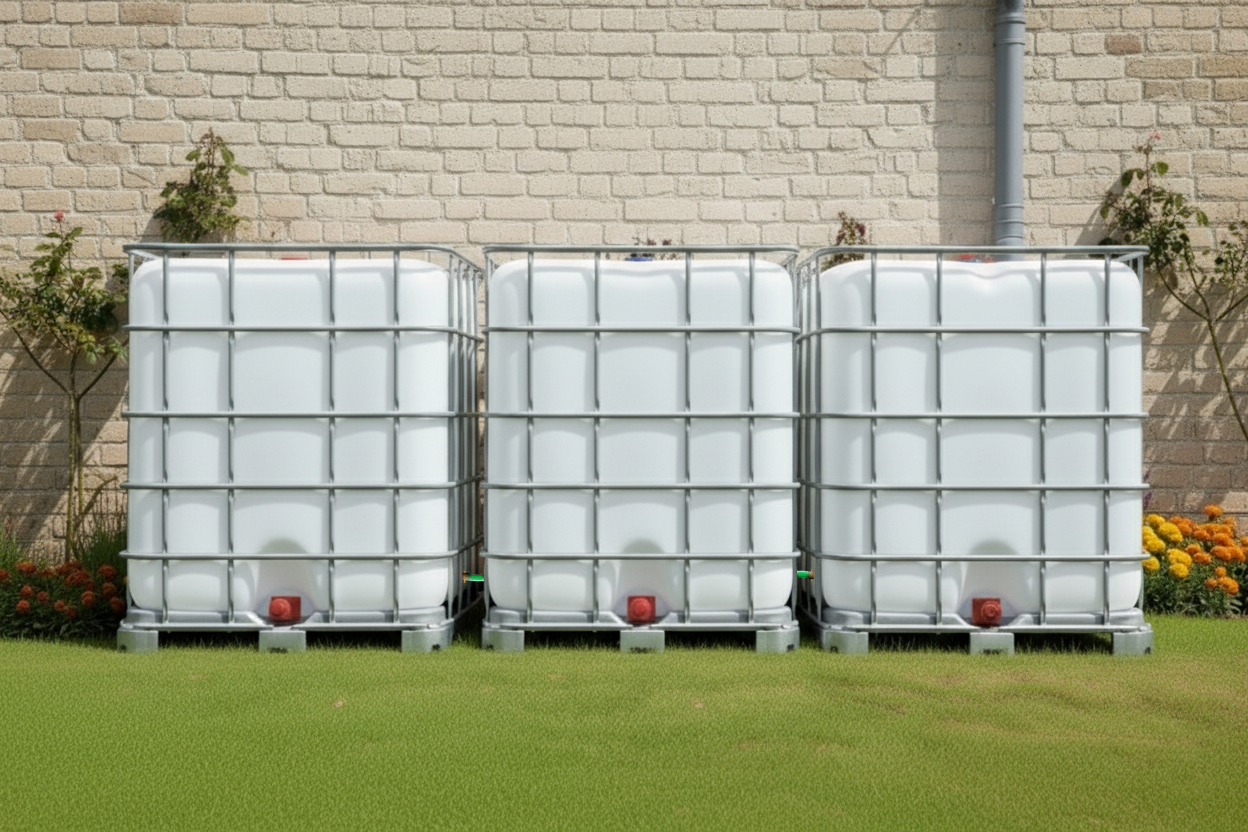 3 gekoppelde IBC containers witte op metalen of kunststof pallet - vernieuwd buiten2