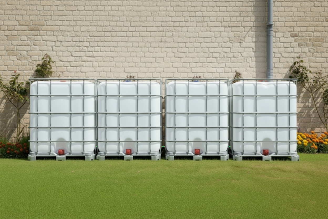 4 gekoppelde IBC containers witte op metalen of kunststof pallet - vernieuwd buiten1