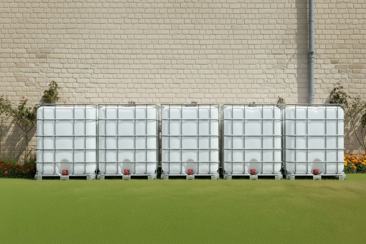 5 gekoppelde IBC containers witte op metalen of kunststof pallet - vernieuwd buiten 2